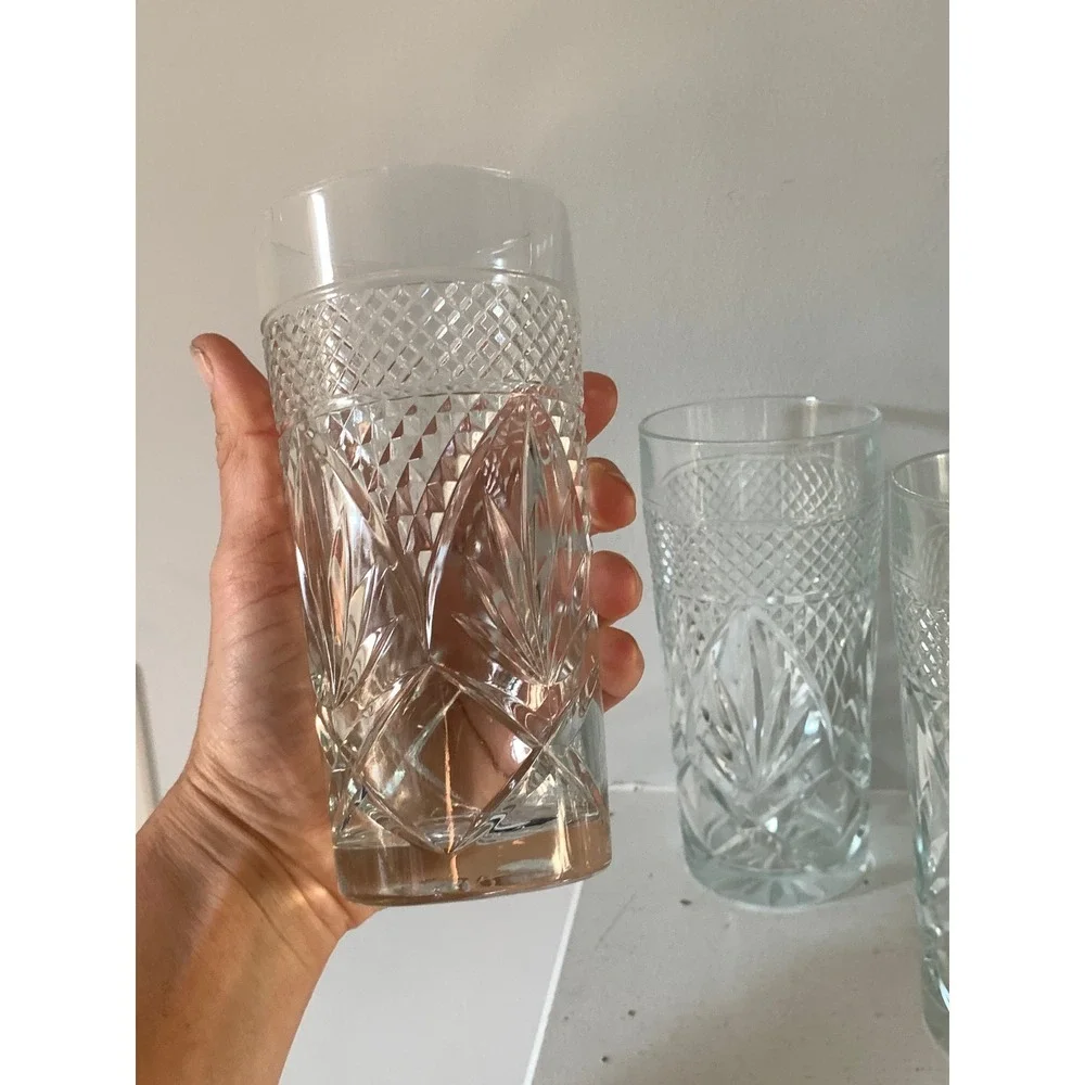 Vintage Pressed Glass Highball Tumblers Set of‎ 6 Clear Diamond Cut Pattern 6in